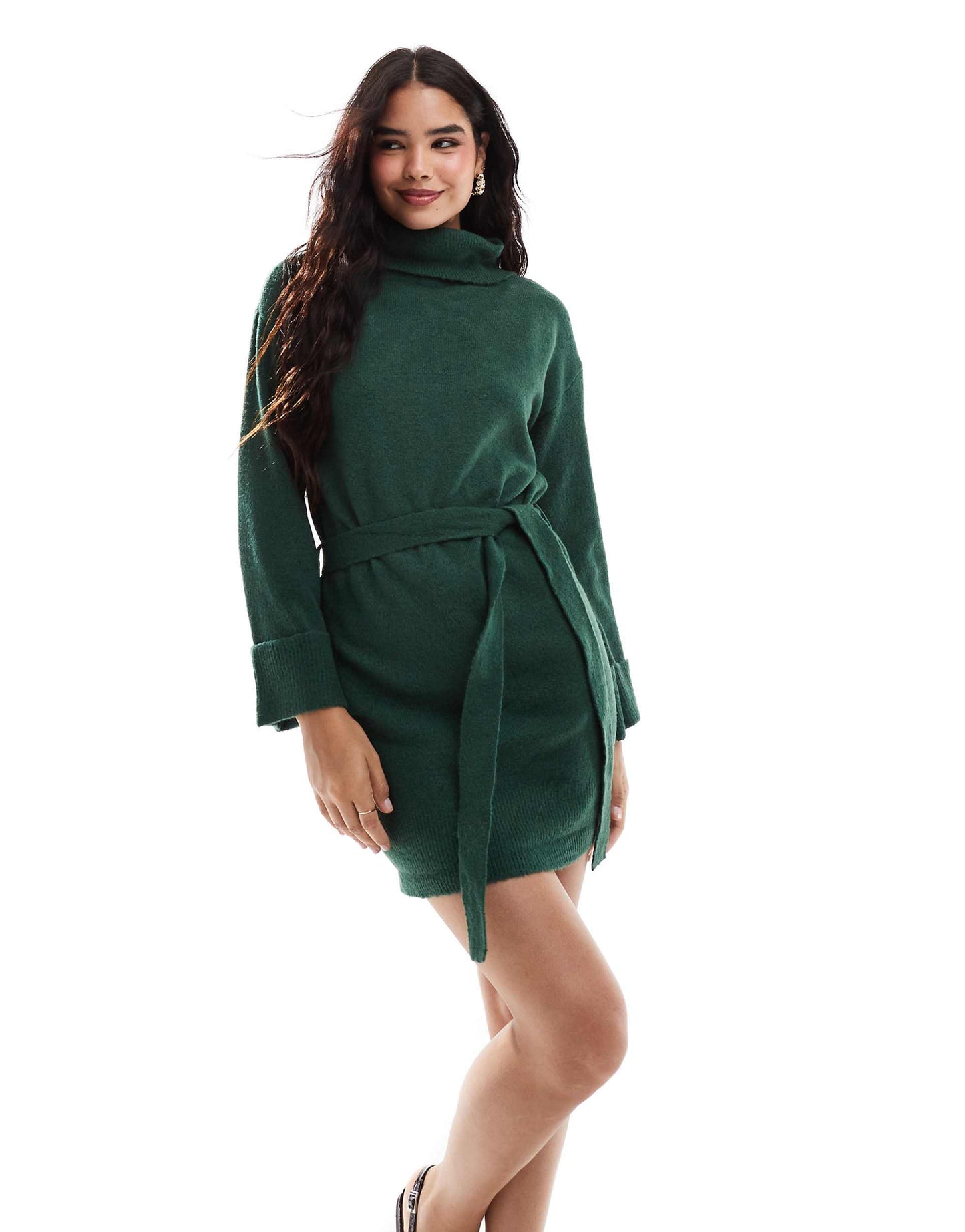 Roll Neck Mini Jumper Dress With Tie Waist