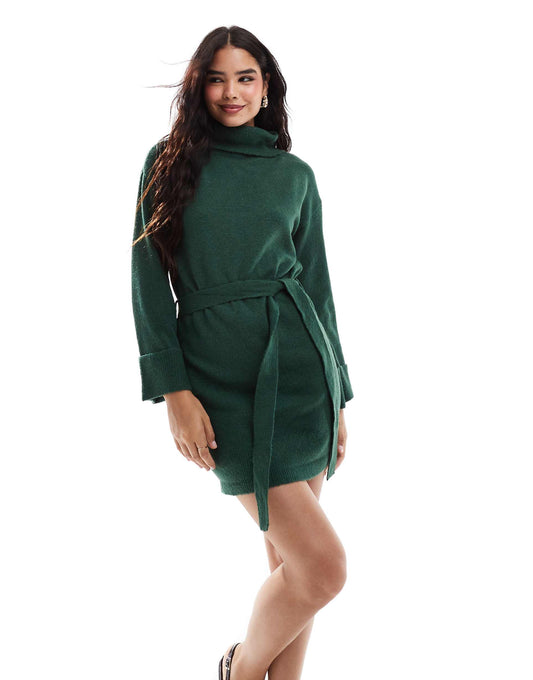 Roll Neck Mini Jumper Dress With Tie Waist