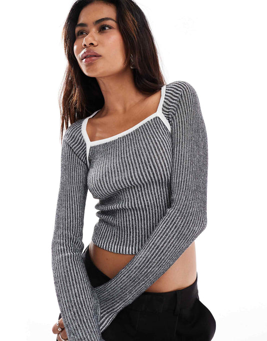 Corpcore Ribbed Long Sleeve Top With Contrast Stitch