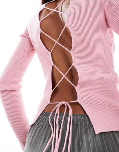 Corpcore Open Lace Up Back Ribbed Top