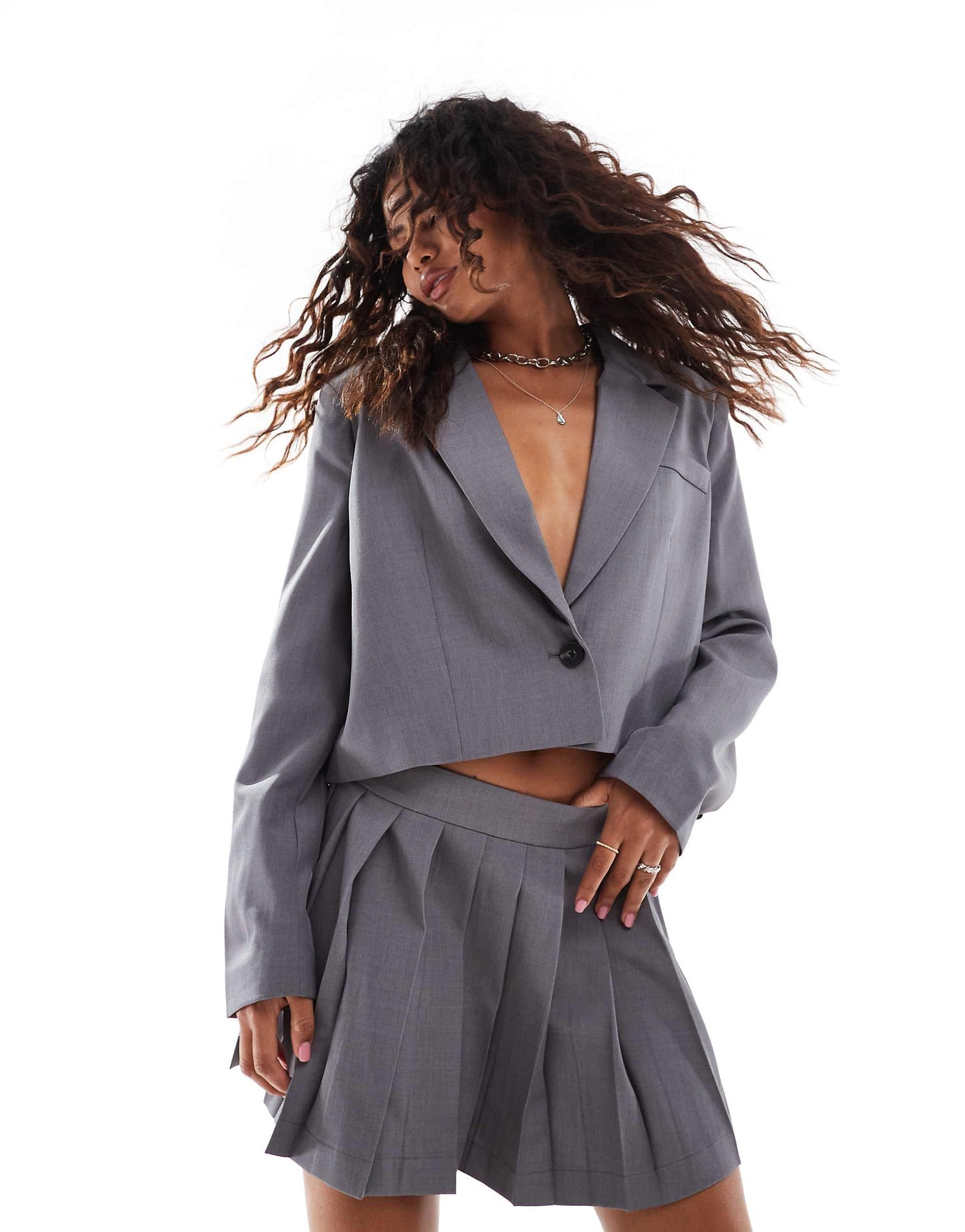 Corpcore Cropped Oversized Blazer And Pleated Mini Skirt Co-Ord