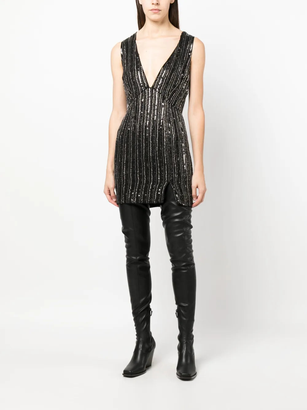 Sequin-Embellished V-Neck Minidress