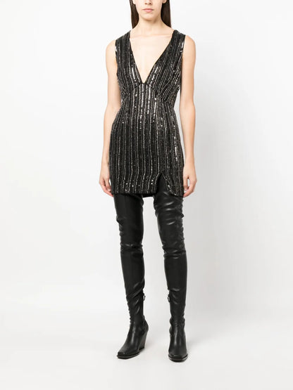 Sequin-Embellished V-Neck Minidress