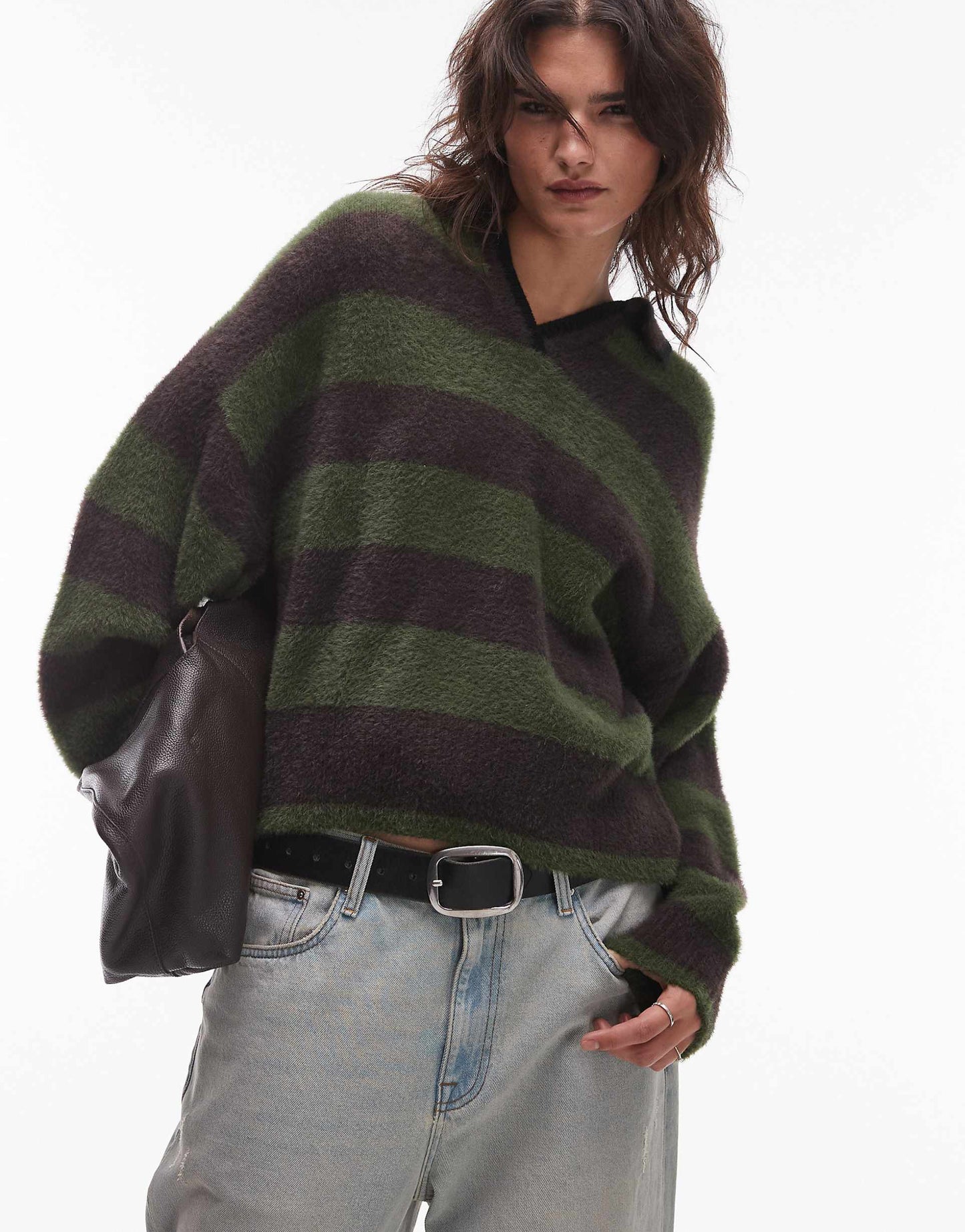 Knitted Fluffy Stripe Relaxed Polo