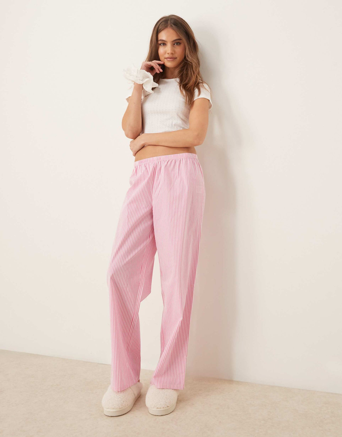 Pointelle Long Sleeve And Cotton Stripe Trouser Pyjama Set
