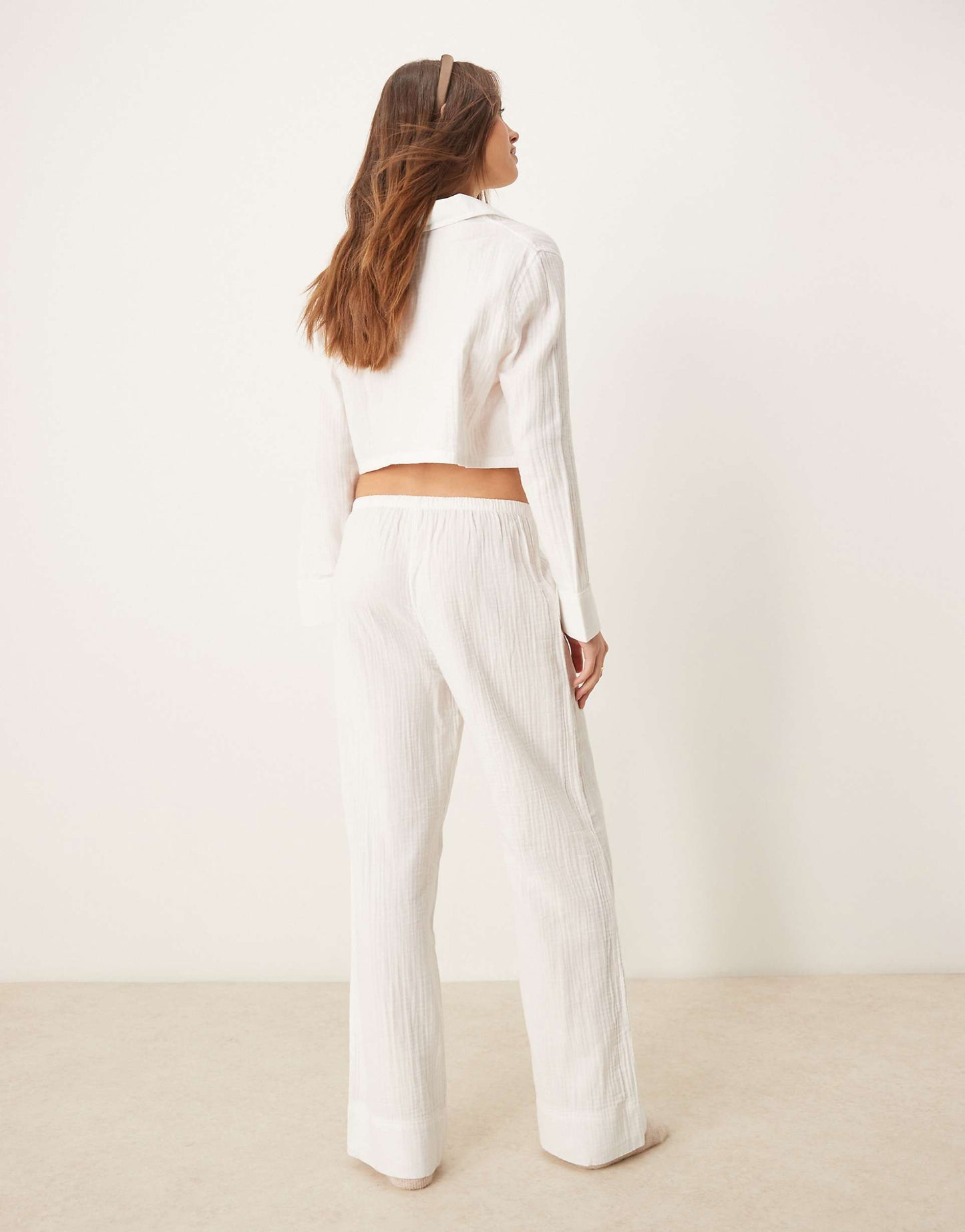 Waffle Crop Long Sleeve Button Down And Boxer Trouser Pyjama Set