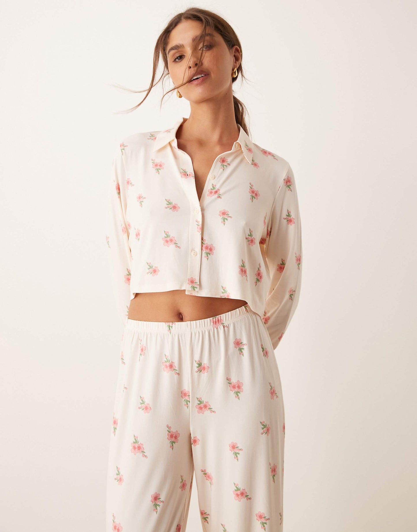 Ditsy Print Crop Long Sleeve Button Down And Boxer Trouser Pyjama Set