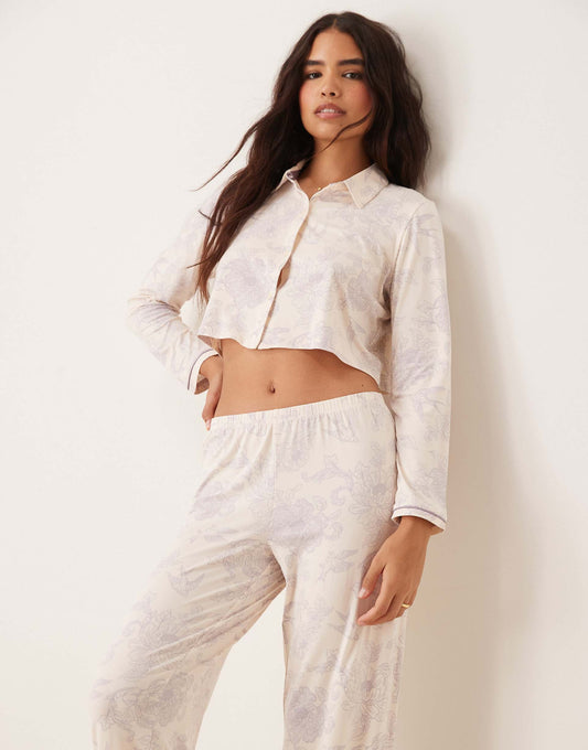 Poly Long Sleeve Revere And Trouser Pyjama Set