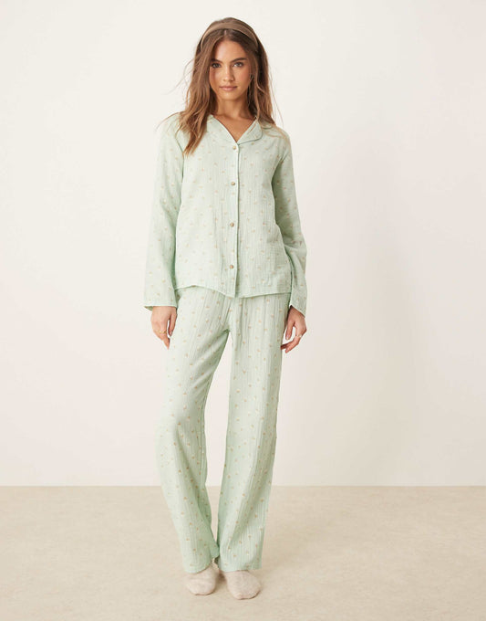 Textured Long Sleeve Revere And Trouser Pyjama Set