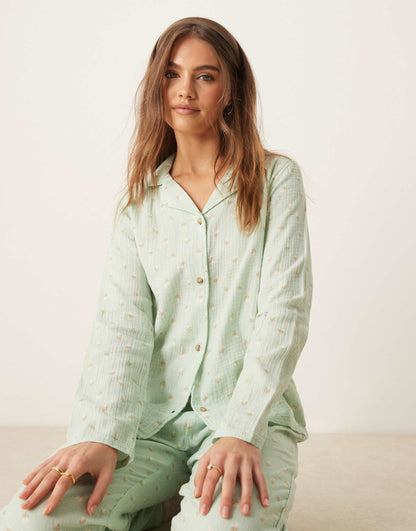 Textured Long Sleeve Revere And Trouser Pyjama Set