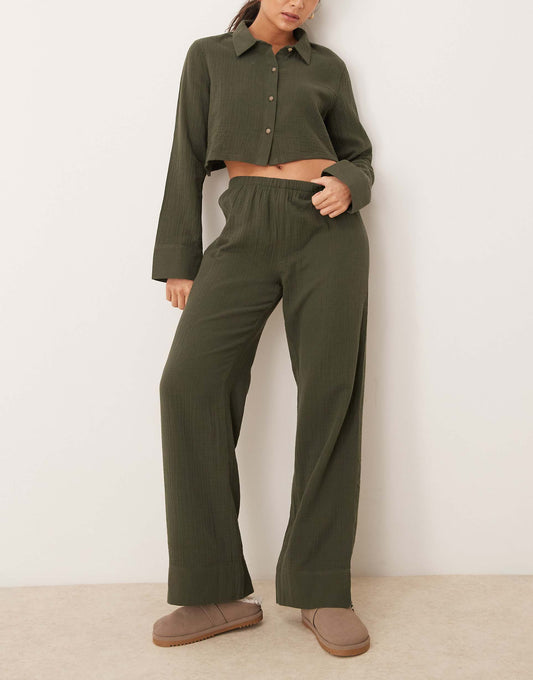 Waffle Crop Long Sleeve Button Down And Boxer Trouser Pyjama Set