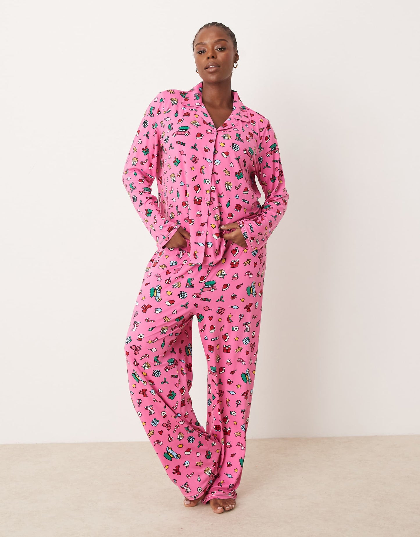 Curve Christmas Poly Long Sleeve Revere Top And Trouser Pyjama Set