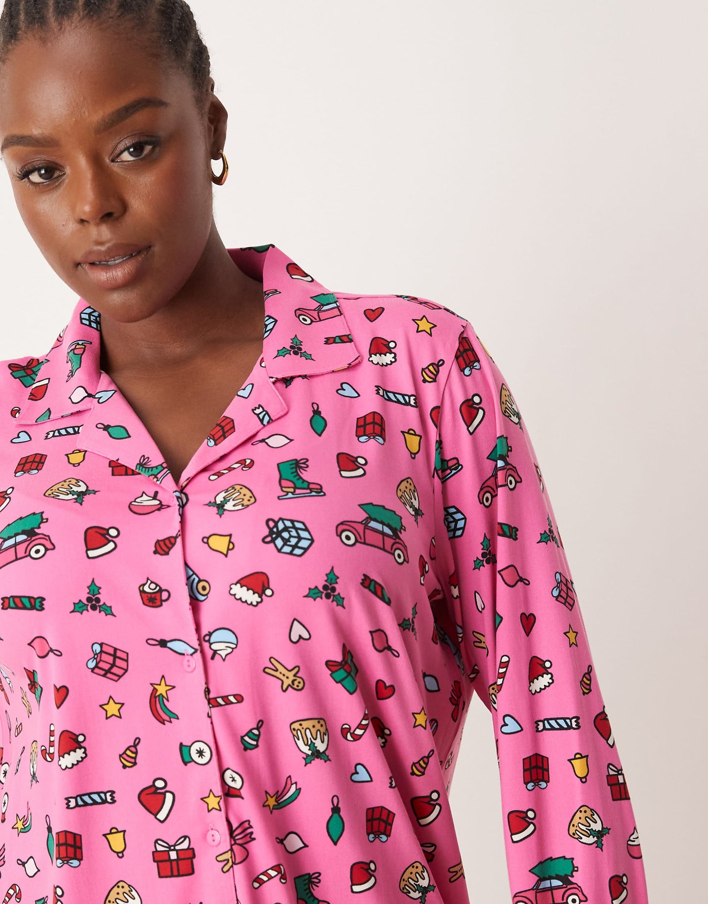 Curve Christmas Poly Long Sleeve Revere Top And Trouser Pyjama Set