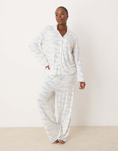 Curve Satin Long Sleeve Revere And Trouser Pyjama Set