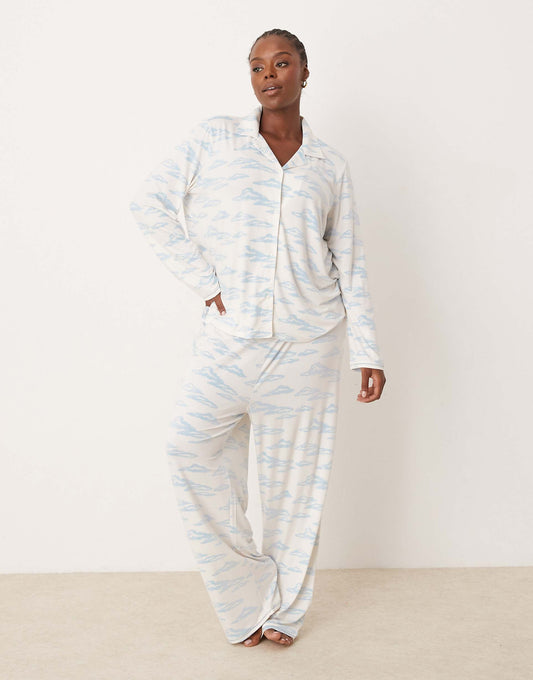 Curve Satin Long Sleeve Revere And Trouser Pyjama Set