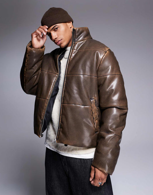 Washed Faux Leather Puffer Jacket