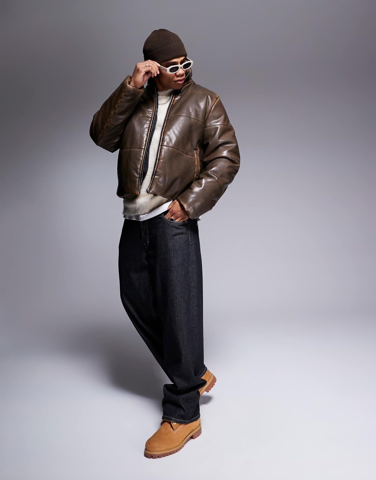 Washed Faux Leather Puffer Jacket