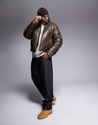 Washed Faux Leather Puffer Jacket