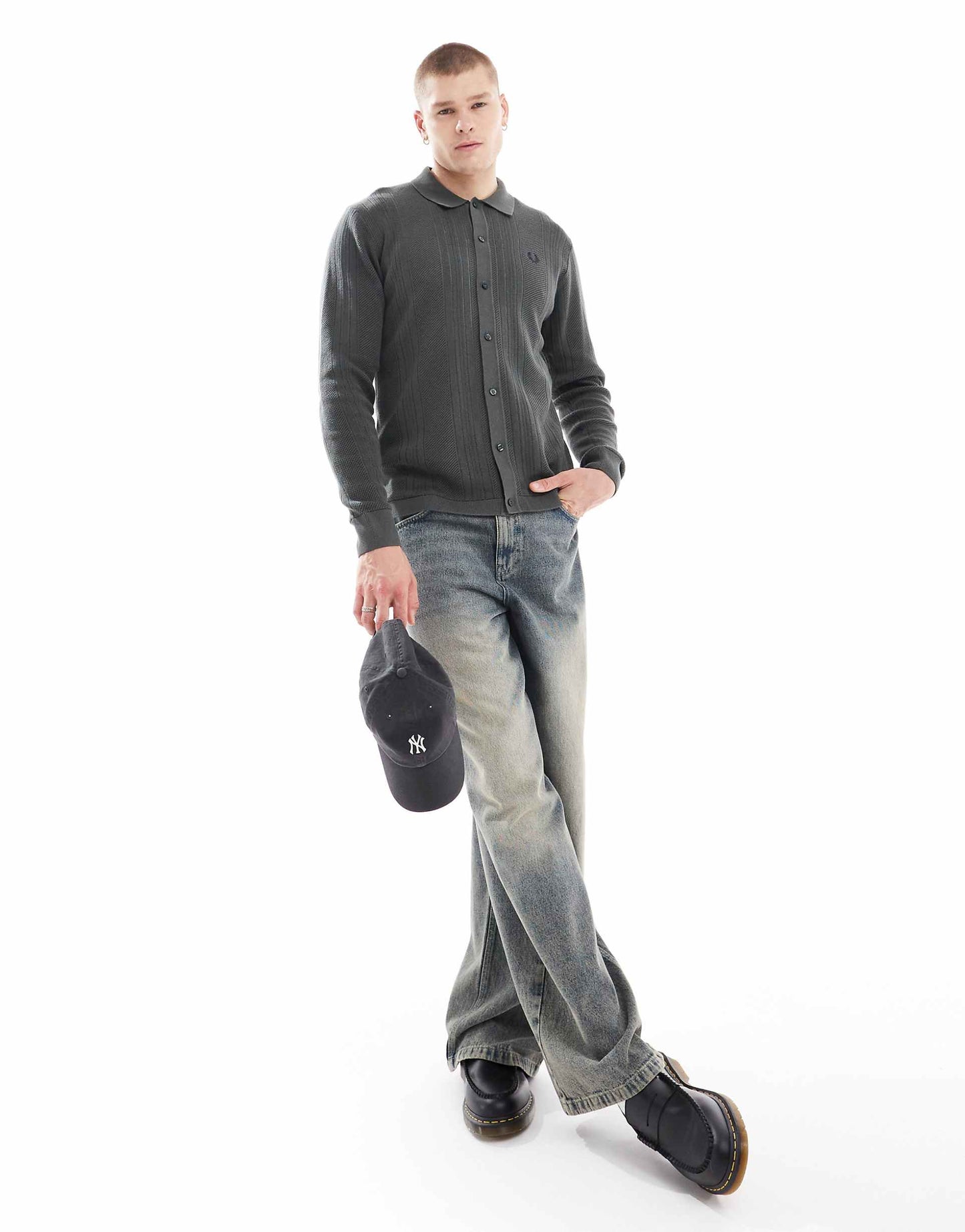 Pointelle Panel Long Sleeve Knitted Shirt