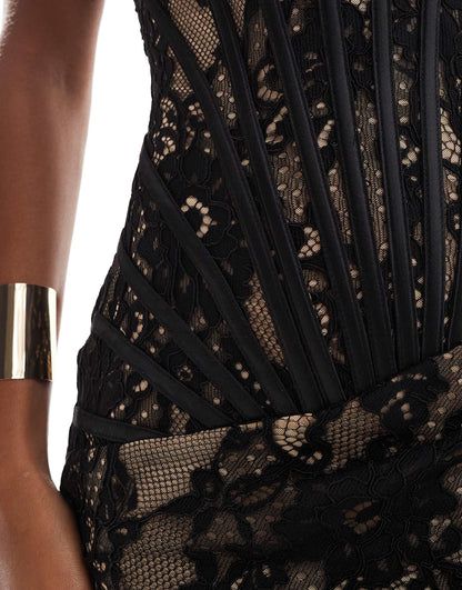 Premium Exclusive Lace Bandeau Corset Thigh Split Maxi Dress