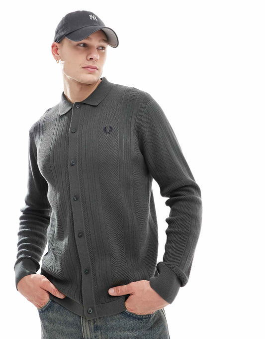 Pointelle Panel Long Sleeve Knitted Shirt