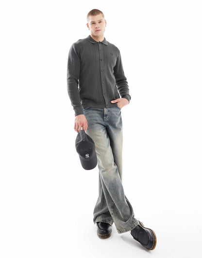 Pointelle Panel Long Sleeve Knitted Shirt