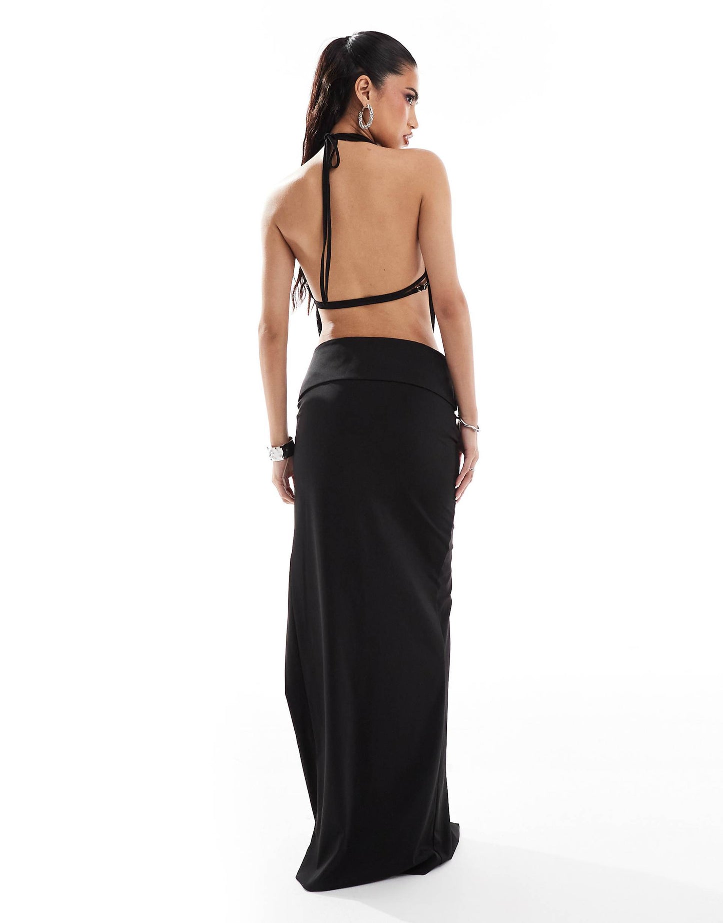 Exclusive Halterneck Deep Plunge Oversized Buckle Thigh Split Maxi Dress