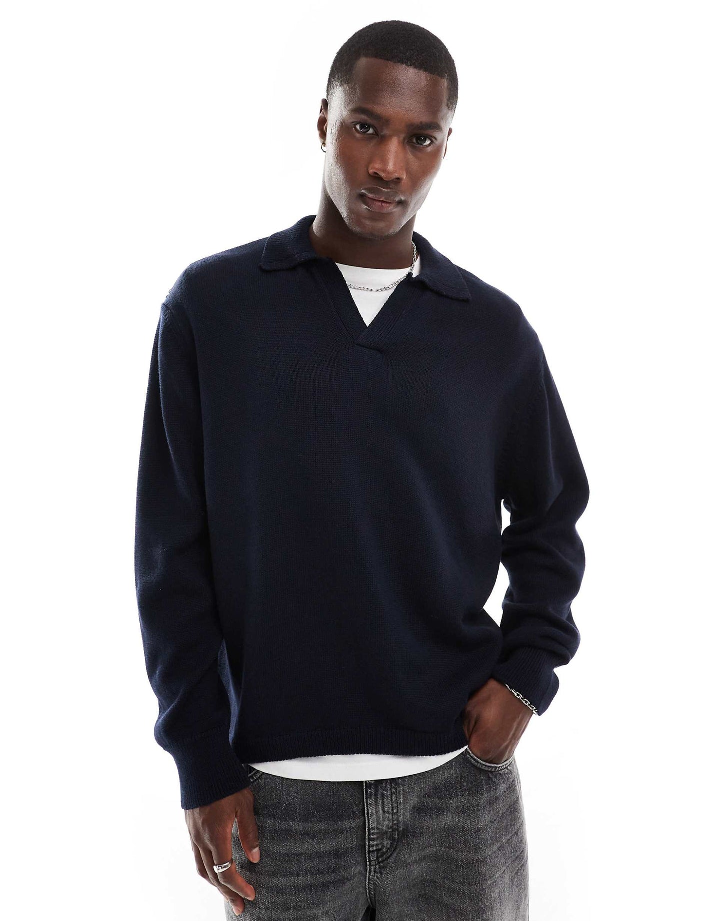 Cotton Blend Knitted Jumper With Open Collar