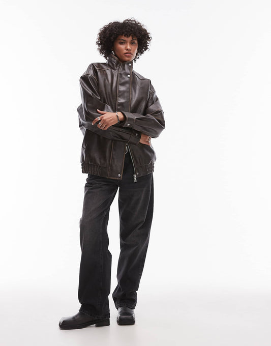 Faux Leather Super Oversized Bomber Jacket With Borg Lining