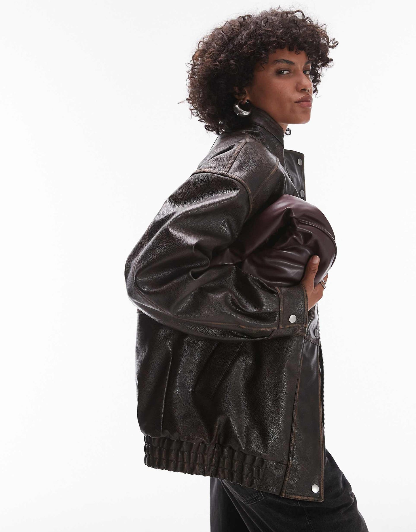 Faux Leather Super Oversized Bomber Jacket With Borg Lining