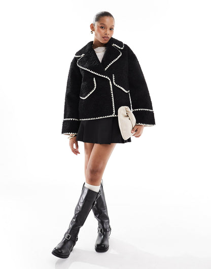 Borg Teddy Aviator Jacket With Contrast Stitch