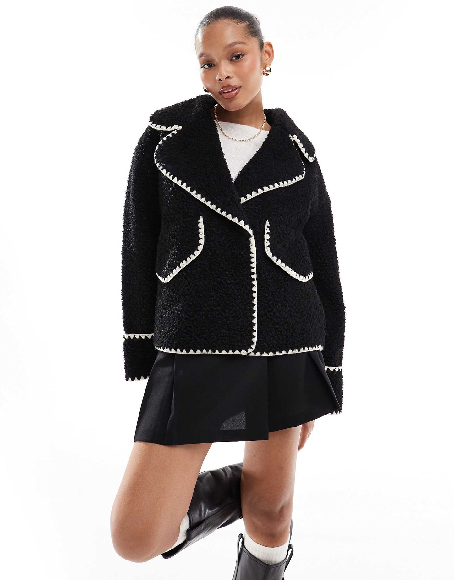 Borg Teddy Aviator Jacket With Contrast Stitch