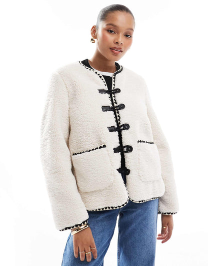 Teddy Fleece Contrast Trim Jacket