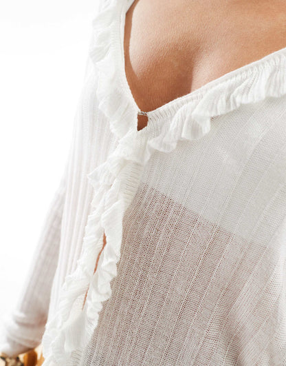 Ruffle Front Long Sleeve Knitted Cardigan