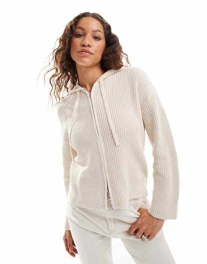 Knitted Rib Hoodie Zip Up Cardigan