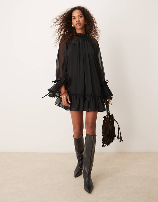 Smock Mini Dress With Tiered Ruffle Cuff & Velvet Bows