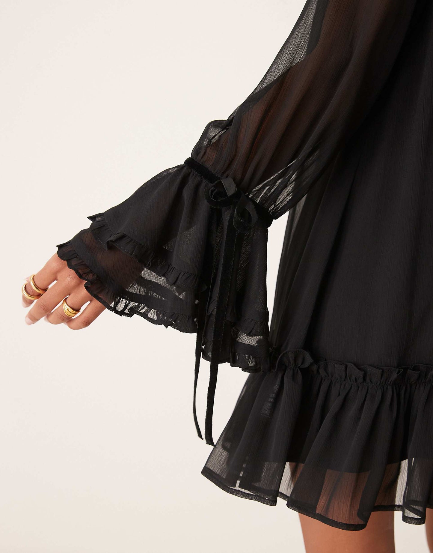 Smock Mini Dress With Tiered Ruffle Cuff & Velvet Bows