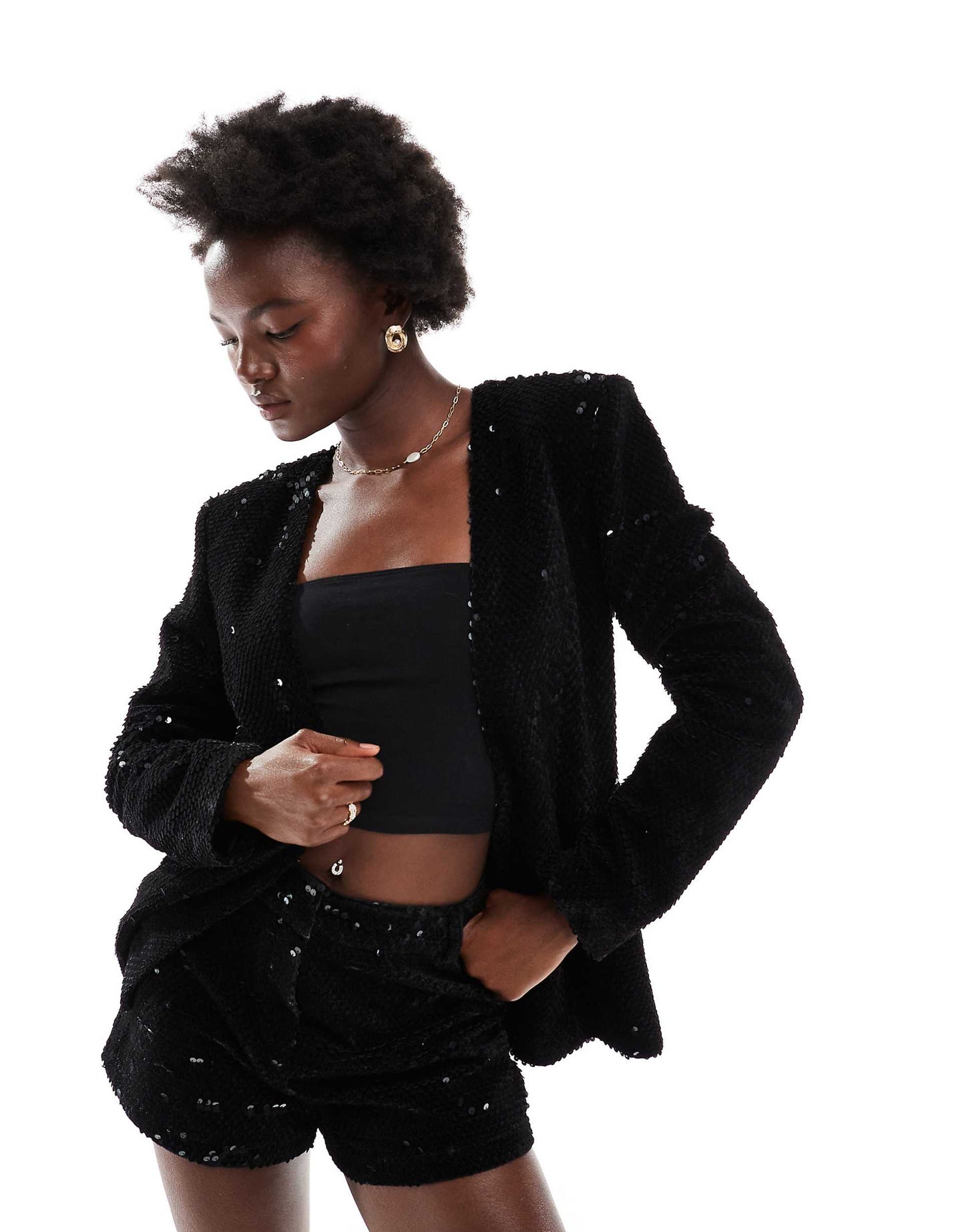 Collarless Nipped Waist Velvet Sequin Blazer