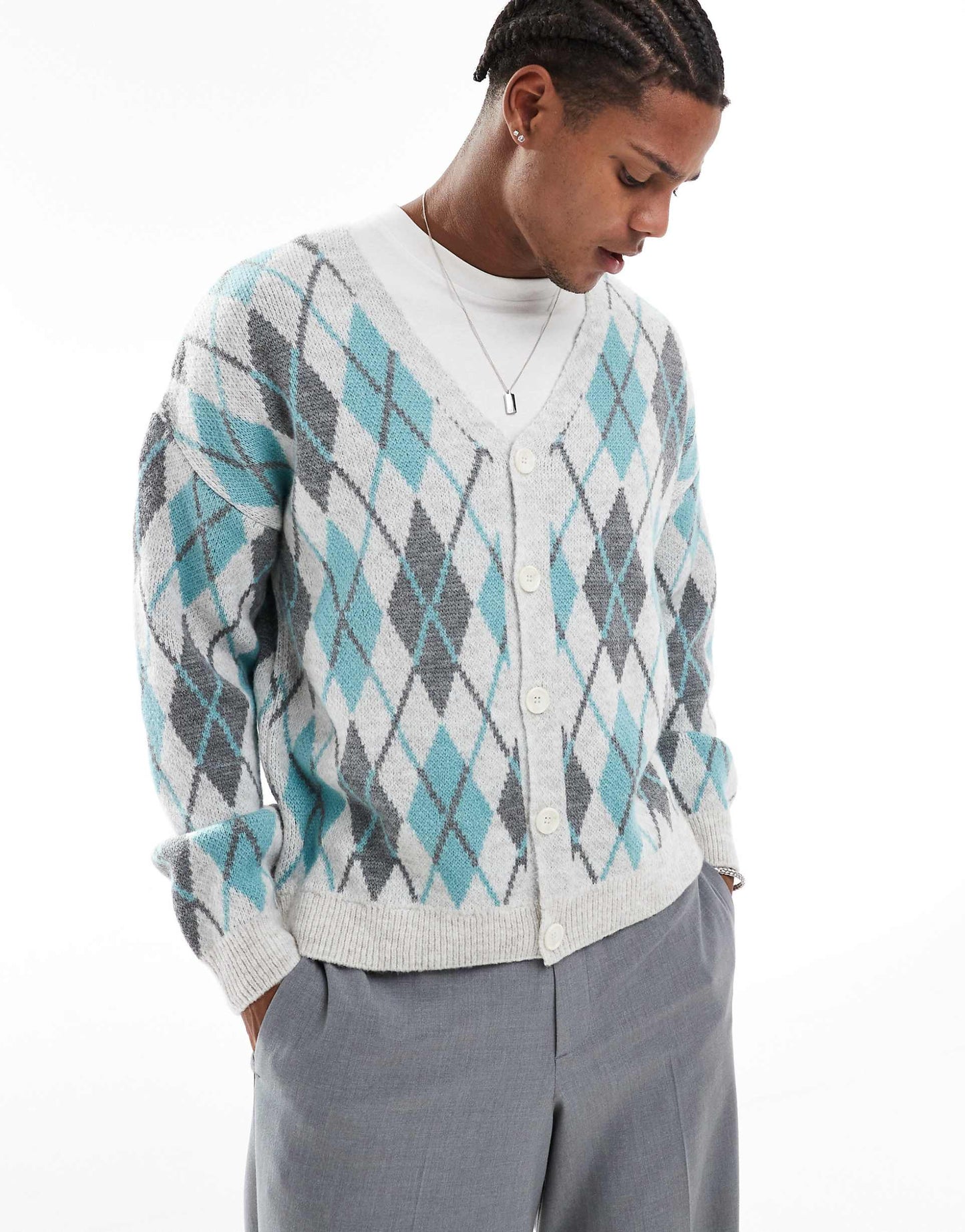 Relaxed Fluffy Knitted Cardigan With Argyle Pattern