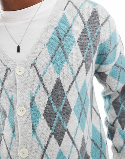 Relaxed Fluffy Knitted Cardigan With Argyle Pattern