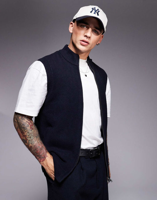 Knitted Zip Thru Tank With Funnel Neck