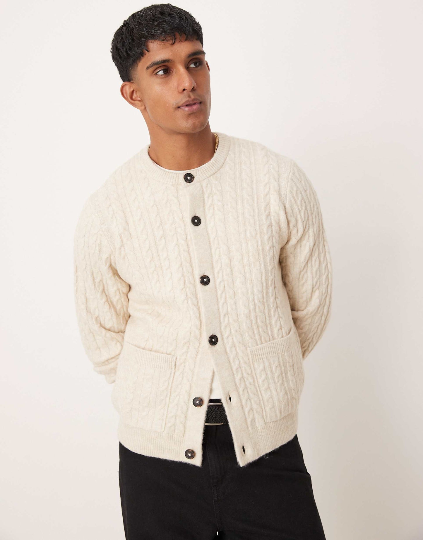 Relaxed Boxy Fit Cable Knitted Cardigan With Crew Neck