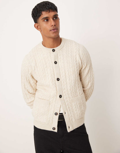 Relaxed Boxy Fit Cable Knitted Cardigan With Crew Neck