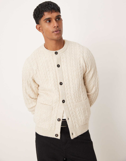 Relaxed Boxy Fit Cable Knitted Cardigan With Crew Neck