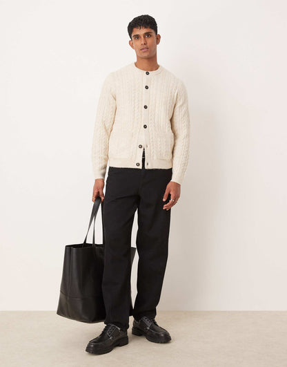 Relaxed Boxy Fit Cable Knitted Cardigan With Crew Neck