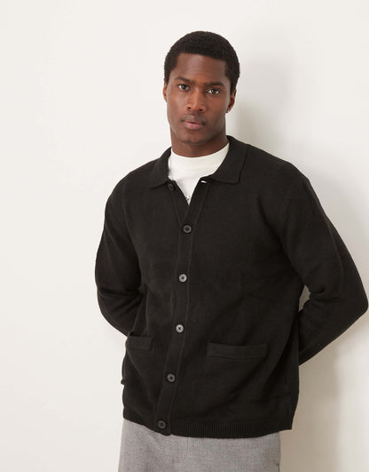 Relaxed Knitted Cardigan With Polo Collar And Front Pockets