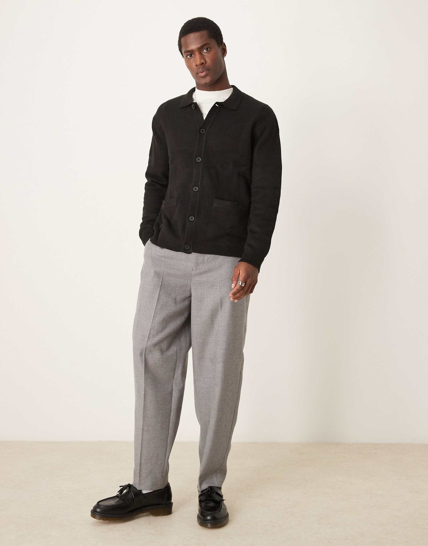 Relaxed Knitted Cardigan With Polo Collar And Front Pockets