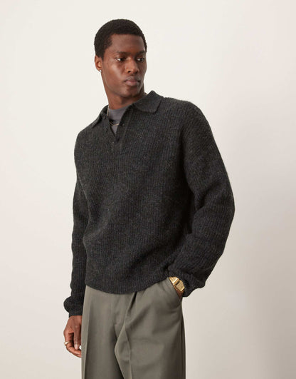 Relaxed Boxy Fit Ribbed Polo Jumper
