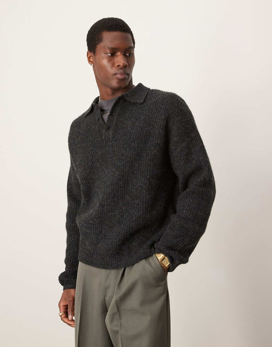 Relaxed Boxy Fit Ribbed Polo Jumper