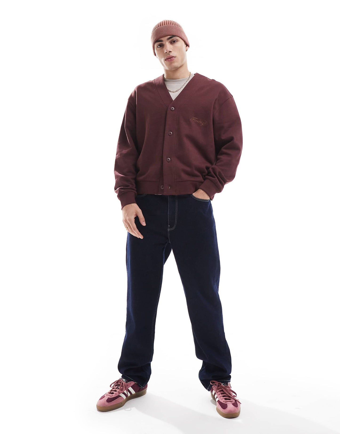 Boxy Oversized Cardigan With Chest Embroidery